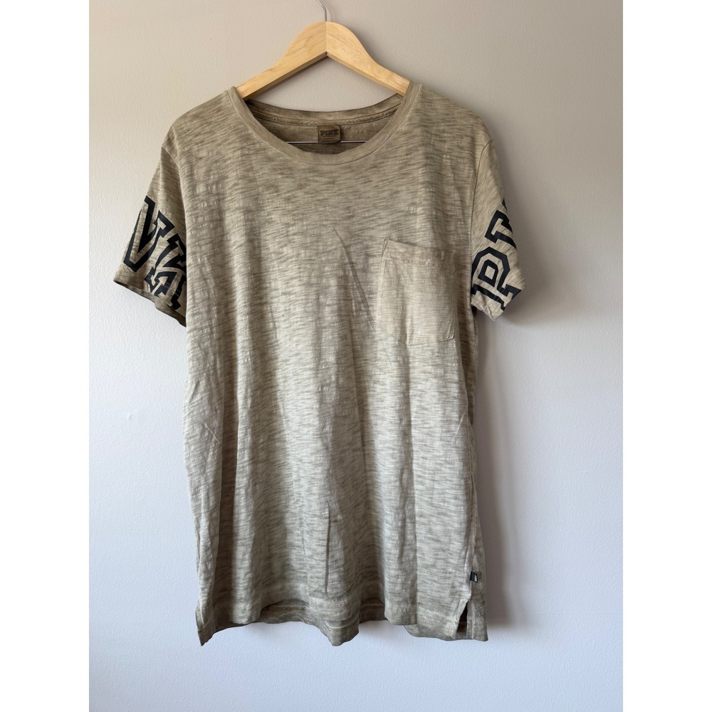 PINK Victoria's Secret Pocket T-Shirt Medium Olive Slub Knit Logo Sleeve Tee